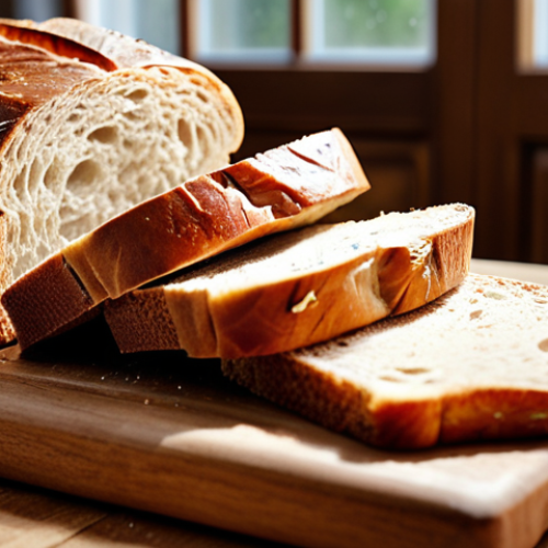 **

Prompt: "Close-up of homemade bread slices, showing a slightly rustic texture, possibly with visible fermentation bubbles, on a wooden cutting board. Natural light. Focus on the bread's texture and freshness. German bakery setting implied."

**