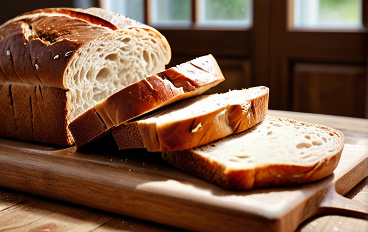 **
Prompt: "Close-up of homemade bread slices, showing a slightly rustic texture, possibly with visible fermentation bubbles, on a wooden cutting board. Natural light. Focus on the bread's texture and freshness. German bakery setting implied."
**