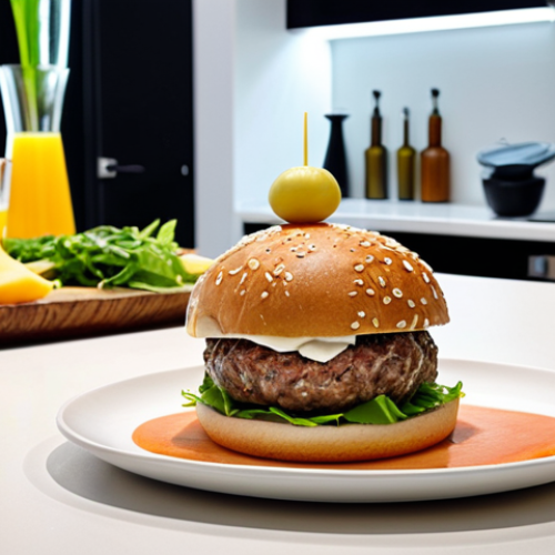 Home 18 **Prompt:** A vibrant, futuristic kitchen or dining setting in a modern European (German) home, featuring a diverse array of deliciously presented food products created through biotechnology. Showcase a gourmet cultivated meat burger on a plate, a slice of creamy precision-fermented cheese, and a scoop of inviting, plant-based ice cream. The scene should exude freshness, quality, and appeal, subtly integrating elements that hint at scientific innovation—perhaps a stylized, glowing bioreactor in the background or a subtle DNA helix pattern in the kitchen design, blending technology seamlessly with everyday life. The overall atmosphere should be one of excitement, health, and culinary delight, suggesting the positive transformation of our plates.