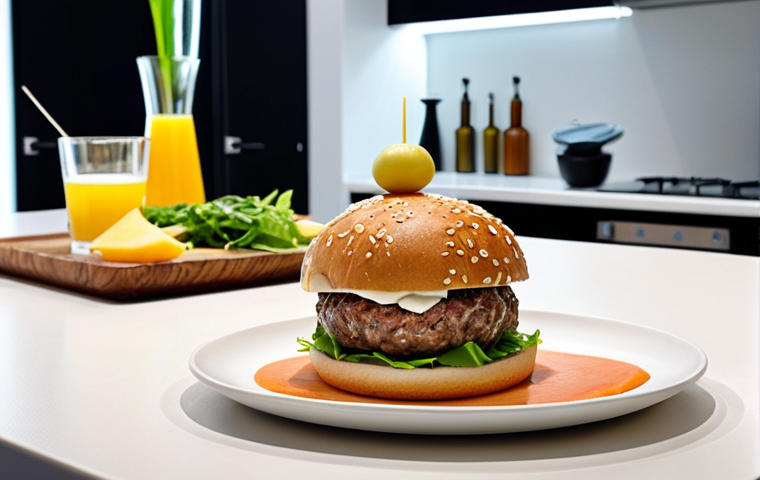 **Prompt:** A vibrant, futuristic kitchen or dining setting in a modern European (German) home, featuring a diverse array of deliciously presented food products created through biotechnology. Showcase a gourmet cultivated meat burger on a plate, a slice of creamy precision-fermented cheese, and a scoop of inviting, plant-based ice cream. The scene should exude freshness, quality, and appeal, subtly integrating elements that hint at scientific innovation—perhaps a stylized, glowing bioreactor in the background or a subtle DNA helix pattern in the kitchen design, blending technology seamlessly with everyday life. The overall atmosphere should be one of excitement, health, and culinary delight, suggesting the positive transformation of our plates.