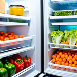 A meticulously organized, modern refrigerator interior, showcasing distinct temperature zones. Vibrant, crisp green lettuce, colorful bell peppers, and bright carrots are neatly arranged in the humidity-controlled crisper drawers. Dairy products, a block of cheese wrapped in breathable paper, and neatly portioned, appropriate, fully clothed prepared meals are visible on the middle shelves. The scene emphasizes optimal food preservation and cleanliness. Professional photography, high quality, bright studio lighting, appropriate content, safe for work, family-friendly.