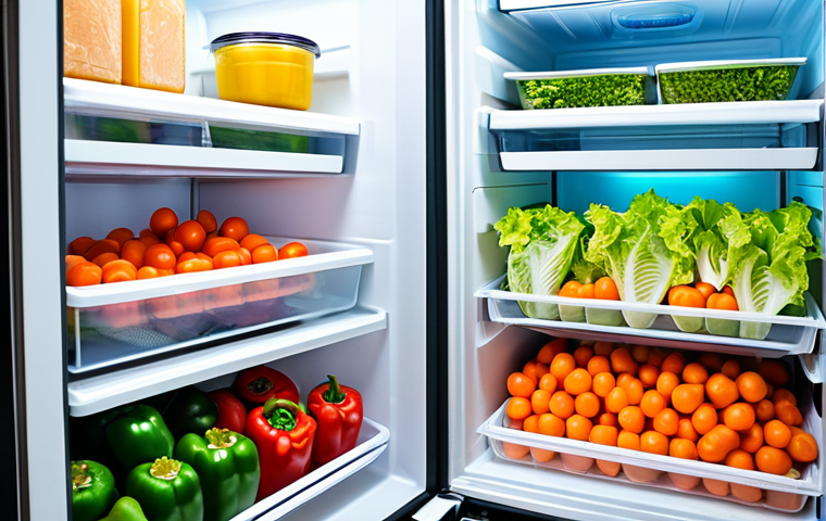 A meticulously organized, modern refrigerator interior, showcasing distinct temperature zones. Vibrant, crisp green lettuce, colorful bell peppers, and bright carrots are neatly arranged in the humidity-controlled crisper drawers. Dairy products, a block of cheese wrapped in breathable paper, and neatly portioned, appropriate, fully clothed prepared meals are visible on the middle shelves. The scene emphasizes optimal food preservation and cleanliness. Professional photography, high quality, bright studio lighting, appropriate content, safe for work, family-friendly.