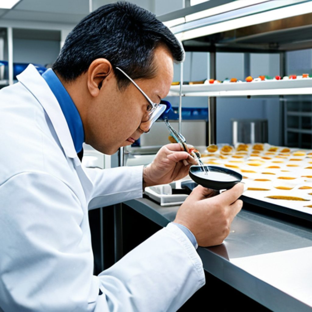 A professional male food safety inspector in a crisp, clean lab coat, meticulously examining food samples with a magnifying glass at a sterile stainless steel workstation in a high-tech food testing laboratory. The background features advanced analytical equipment and neatly organized shelves of scientific glassware. The overall image conveys precision and expertise. Fully clothed, appropriate attire, safe for work, perfect anatomy, correct proportions, natural pose, well-formed hands, proper finger count, natural body proportions, professional photography, high quality, highly detailed, modest.