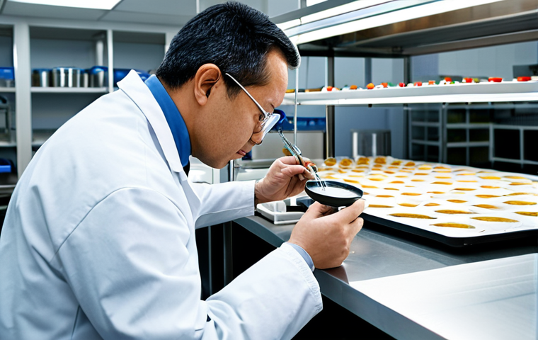 A professional male food safety inspector in a crisp, clean lab coat, meticulously examining food samples with a magnifying glass at a sterile stainless steel workstation in a high-tech food testing laboratory. The background features advanced analytical equipment and neatly organized shelves of scientific glassware. The overall image conveys precision and expertise. Fully clothed, appropriate attire, safe for work, perfect anatomy, correct proportions, natural pose, well-formed hands, proper finger count, natural body proportions, professional photography, high quality, highly detailed, modest.