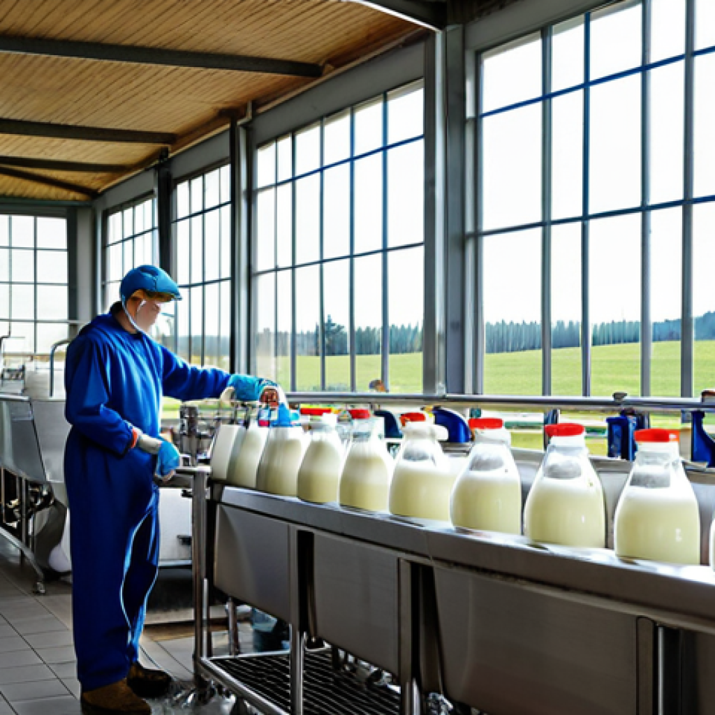 Gentle Pasteurization at a Local Dairy Farm**

"A bustling, family-friendly scene inside a modern German dairy farm ("Bauernhof"). Dairy farmers in clean, professional attire carefully overseeing the pasteurization of fresh milk. Stainless steel equipment gleams. The focus is on the process, emphasizing hygiene and care.  Labels on milk cartons read 'Frische Weidemilch' (Fresh Pasture Milk). Sunlight streams through large windows. Fully clothed, appropriate content, safe for work, perfect anatomy, natural proportions, professional, modest, family-friendly, high quality, showcasing a positive image of local food production."

**