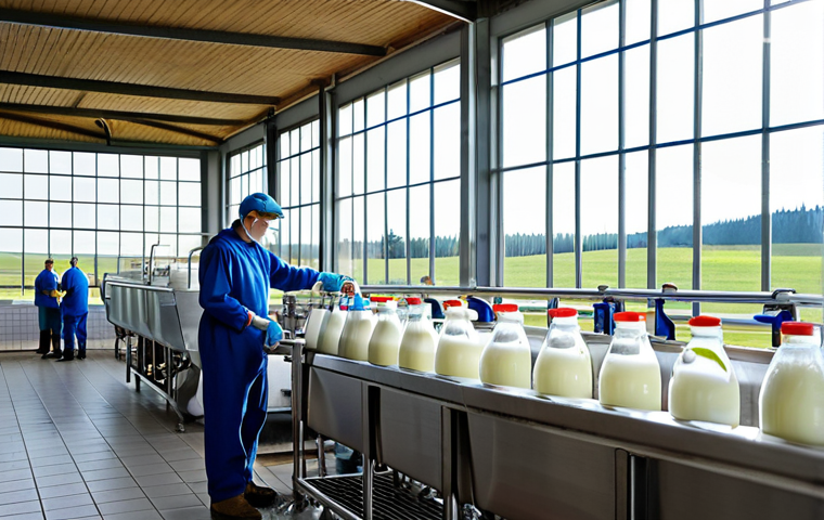 Gentle Pasteurization at a Local Dairy Farm**

"A bustling, family-friendly scene inside a modern German dairy farm ("Bauernhof"). Dairy farmers in clean, professional attire carefully overseeing the pasteurization of fresh milk. Stainless steel equipment gleams. The focus is on the process, emphasizing hygiene and care.  Labels on milk cartons read 'Frische Weidemilch' (Fresh Pasture Milk). Sunlight streams through large windows. Fully clothed, appropriate content, safe for work, perfect anatomy, natural proportions, professional, modest, family-friendly, high quality, showcasing a positive image of local food production."

**