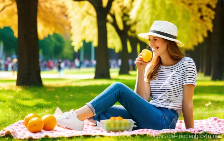 식품에서의 신소재 응용 연구 - **Edible Packaging in a German City Park**
    Generate an image of a vibrant, sunny afternoon in a ...