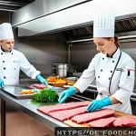Home 22 식품 위생 관리 법규 - A professional kitchen scene in a modern German restaurant showing chefs and kitchen staff practicin...