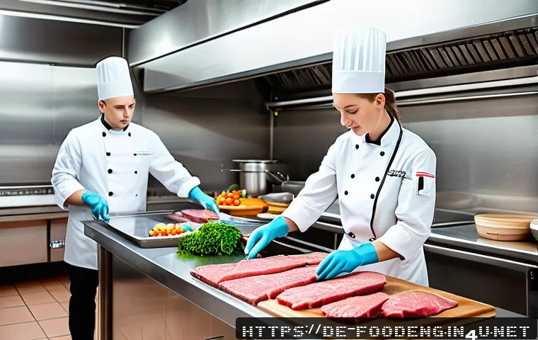 식품 위생 관리 법규 - A professional kitchen scene in a modern German restaurant showing chefs and kitchen staff practicin...