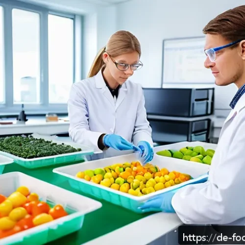 Home 32 식품의 유해성 평가 - A detailed scientific laboratory scene focused on food safety testing: a diverse group of German sci...