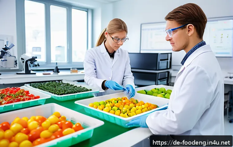 식품의 유해성 평가 - A detailed scientific laboratory scene focused on food safety testing: a diverse group of German sci...