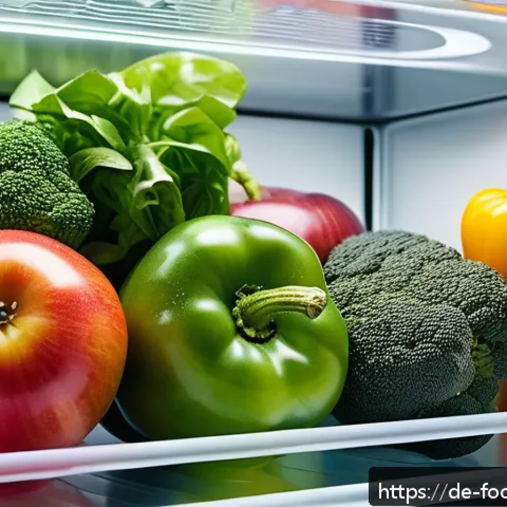 식품 공학과 신소재 나노기술 - A close-up view of fresh fruits and vegetables inside a refrigerator, wrapped in transparent nanosca...