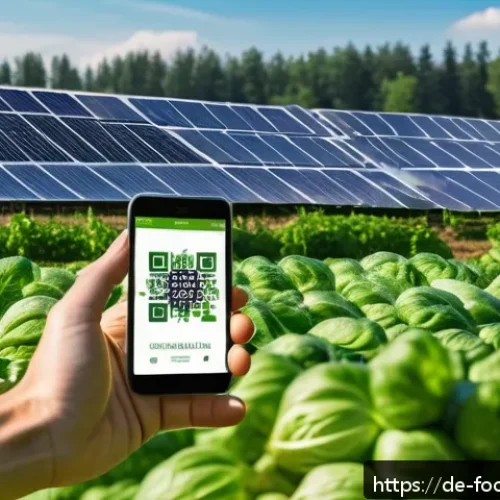 Home 17 식품의 원산지 추적 기술 - A modern organic farm setting in Germany showcasing a farmer holding a smartphone scanning a QR code...