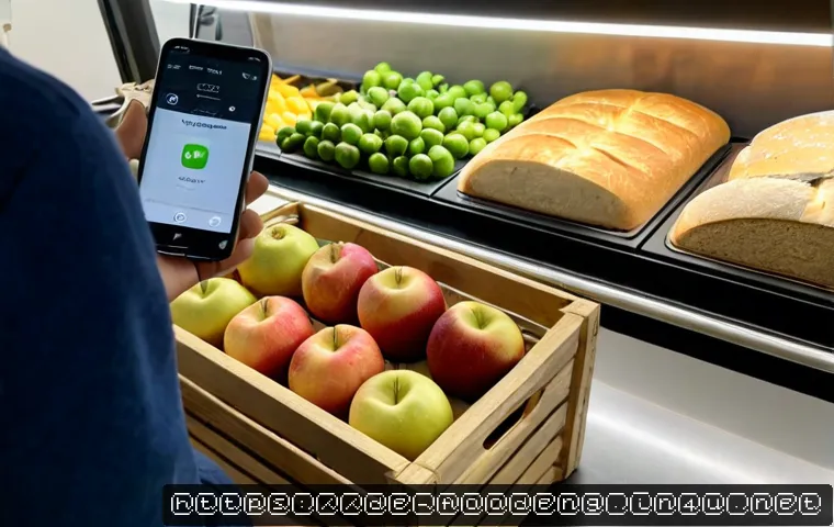 식품과 블록체인 기술 - Photorealistic farm-to-table food traceability scene in a modern German grocery setting, a wooden cr...