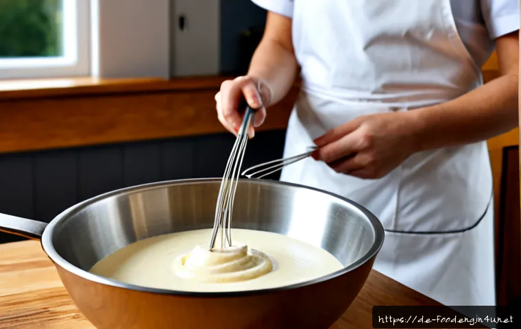 Home 17 식품에서의 유화제 사용 - Photorealistic food science kitchen scene, close-up of a German baker in a clean white apron whiskin...