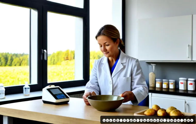 Home 17 식품의 글리세믹 지수 연구 - Photorealistic nutrition research scene in a bright German university food science laboratory, a mid...