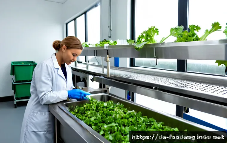 식품 유해물질 제거 기술 - Photorealistic modern European food safety laboratory, a German female technician in clean white lab...